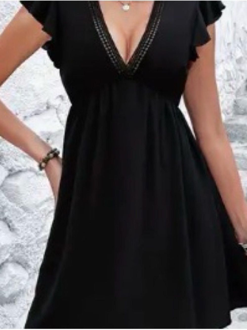 Black V-Neck Ruffle Sleeve Dress